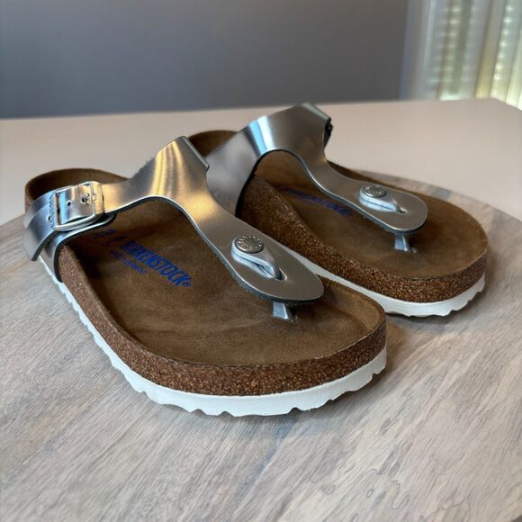 Birkenstok Women's Soft Footbed Gizeh Metallic Silver Sandals Shoes US Size 7 - Picture 2 of 11